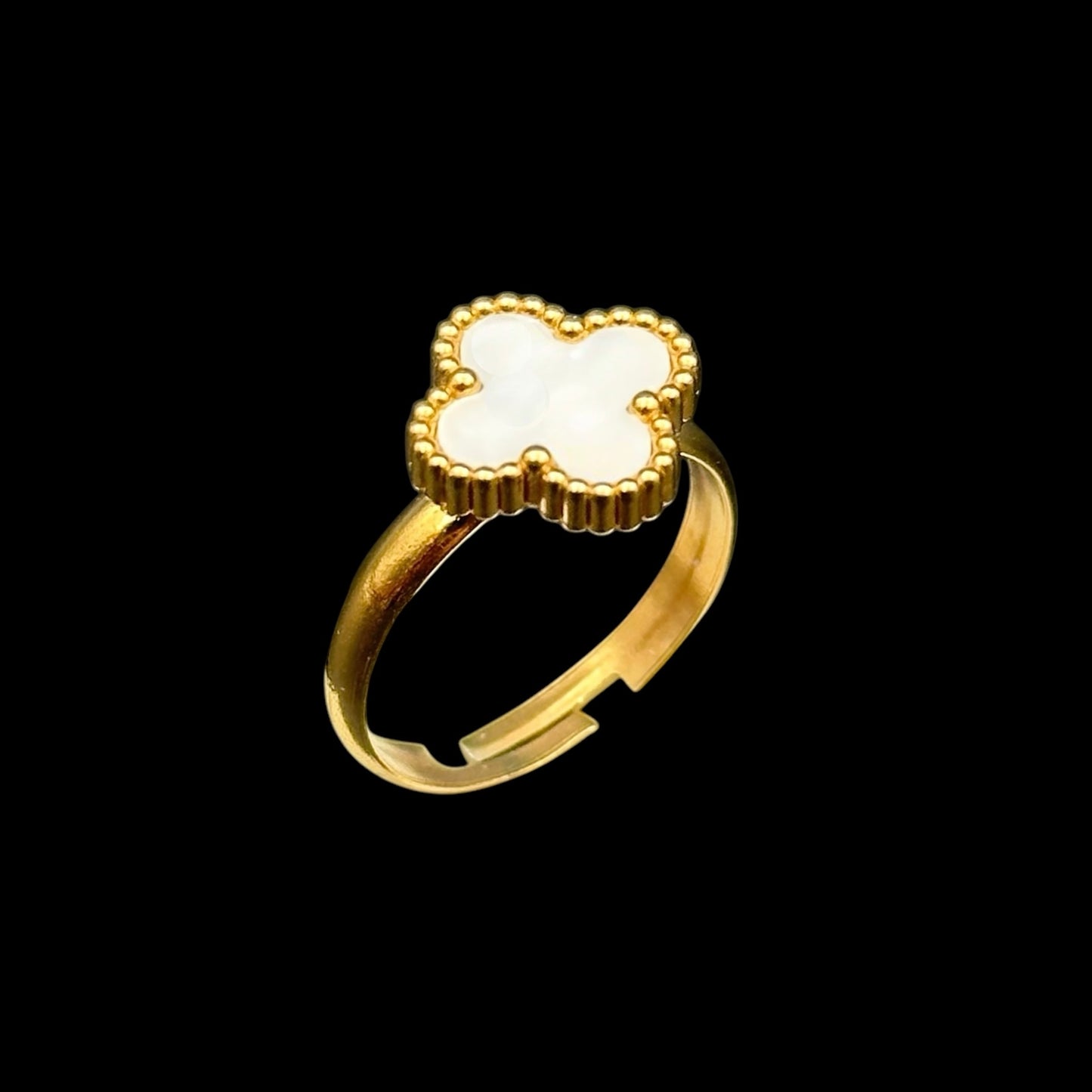 Inel reglabil Trifoi Auriu cu Alb