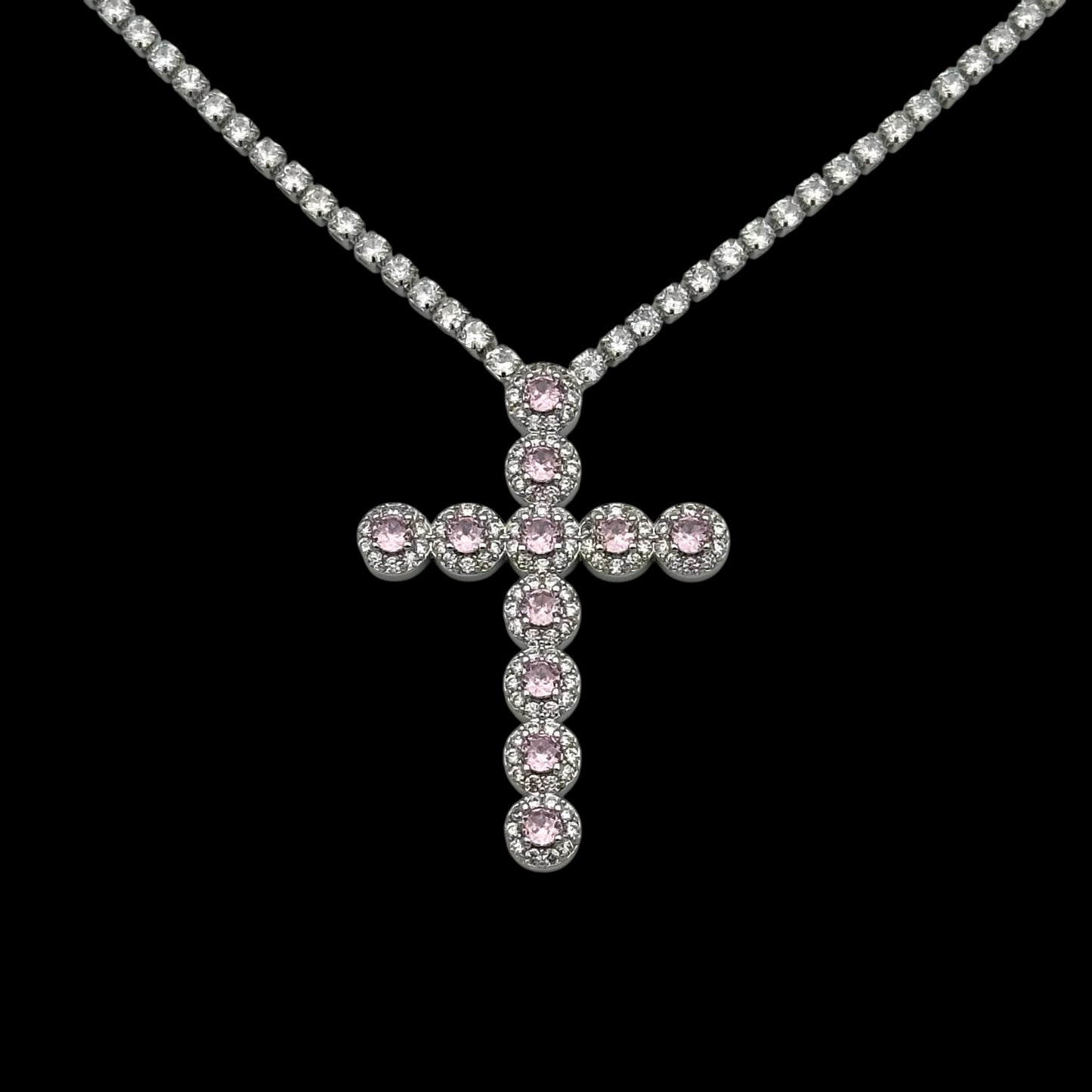 Colier Tennis Angely Cross Pink Placat cu Aur Alb