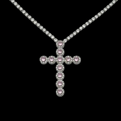 Colier Tennis Angely Cross Pink Placat cu Aur Alb