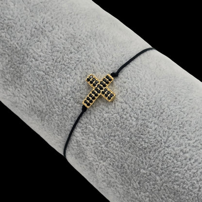 Bratara reglabila Cross Black Argint Placata cu Aur 14K