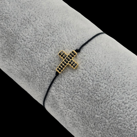 Bratara reglabila Cross Black Argint Placata cu Aur 14K