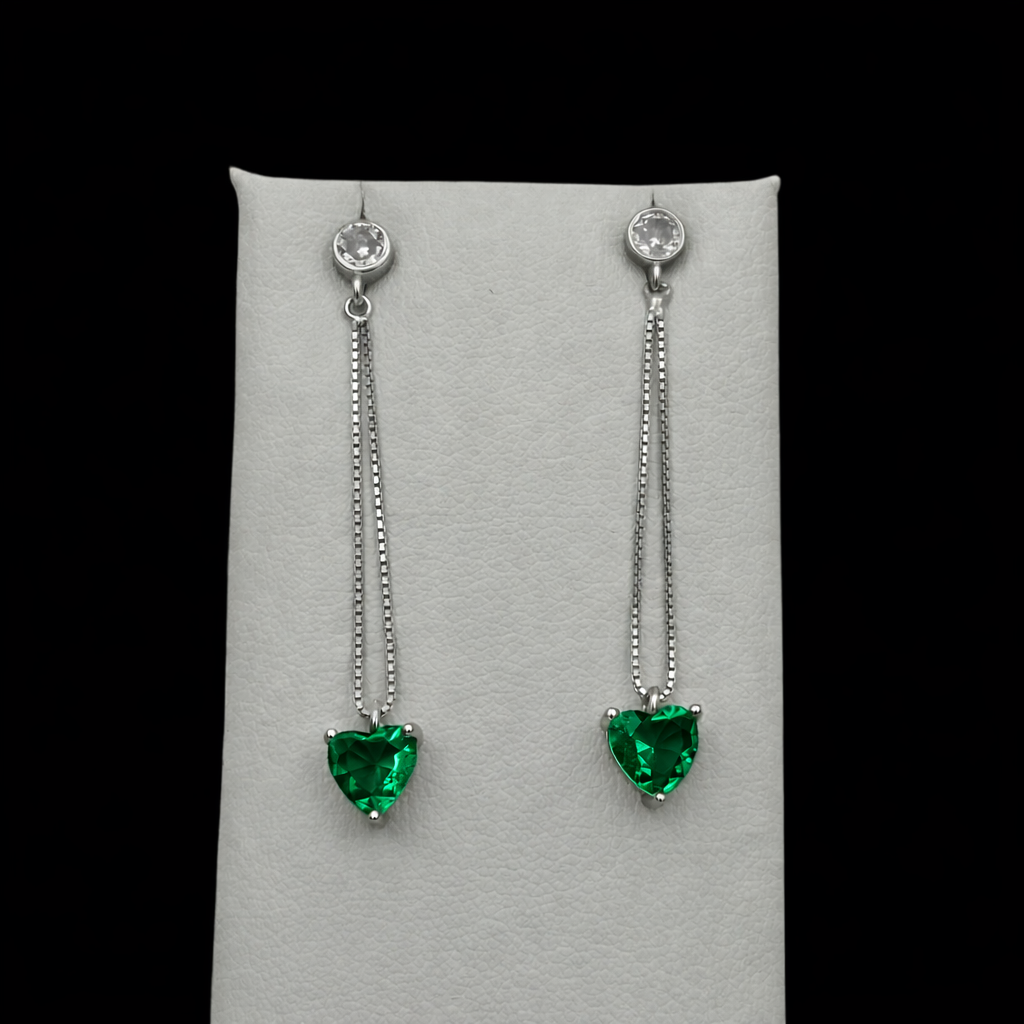 Cercei Heart Drop Green Argint
