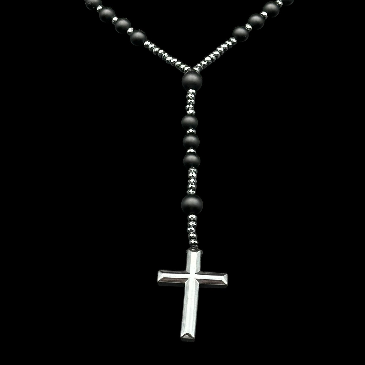 Colier Rosary Obsidian Cross
