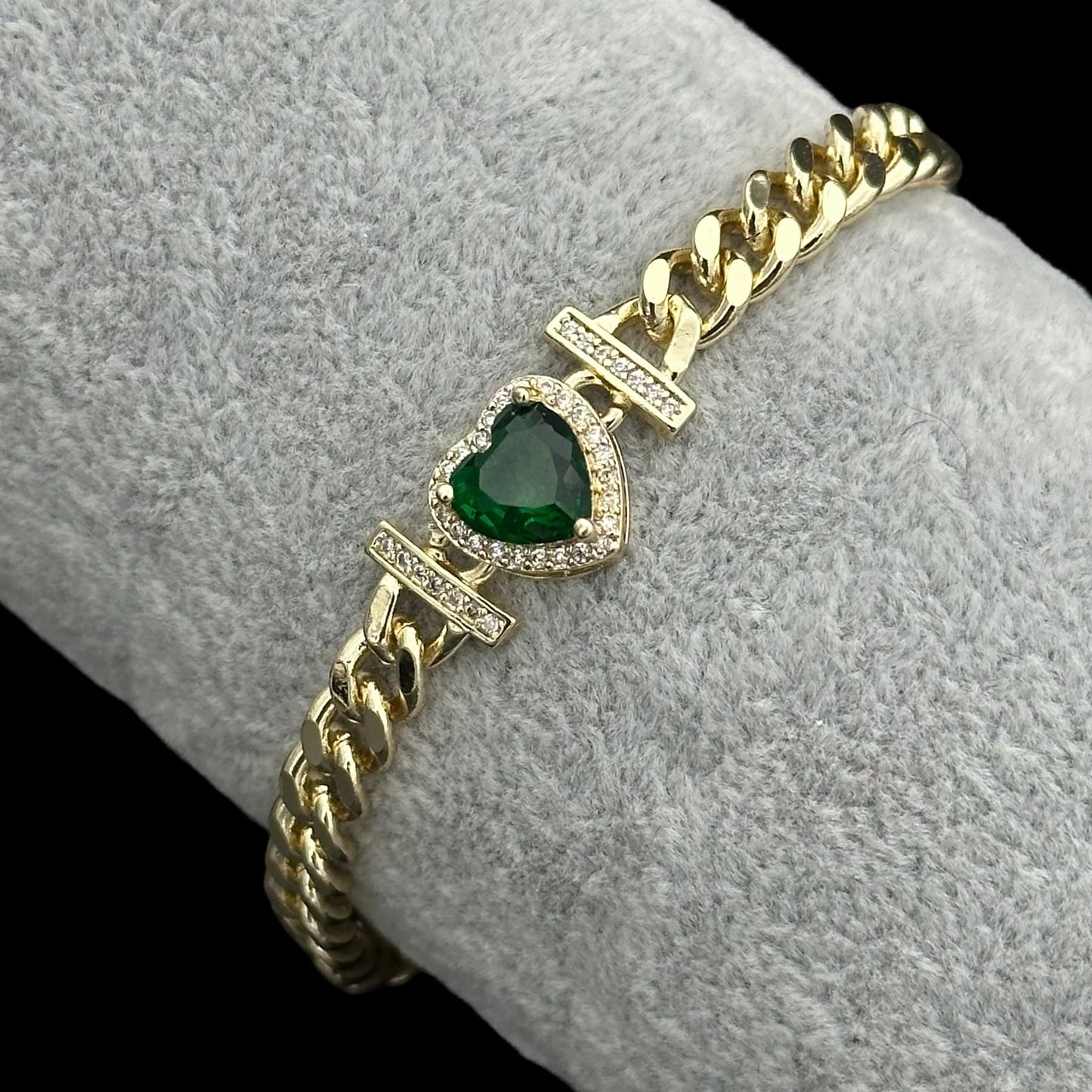 Brățară Tennis Heart Green Placată cu Aur 18K