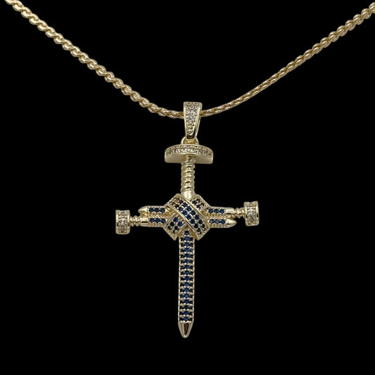 Colier Nail Cross Blue Placat cu Aur 18K