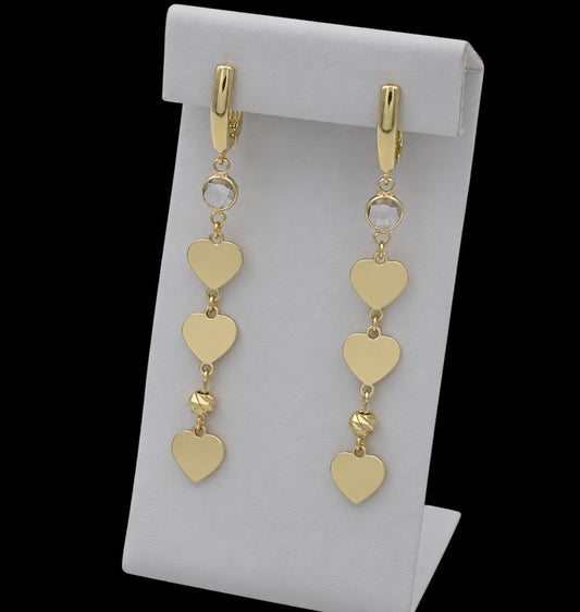 Cercei Long Triple Heart Placati cu Aur 18K