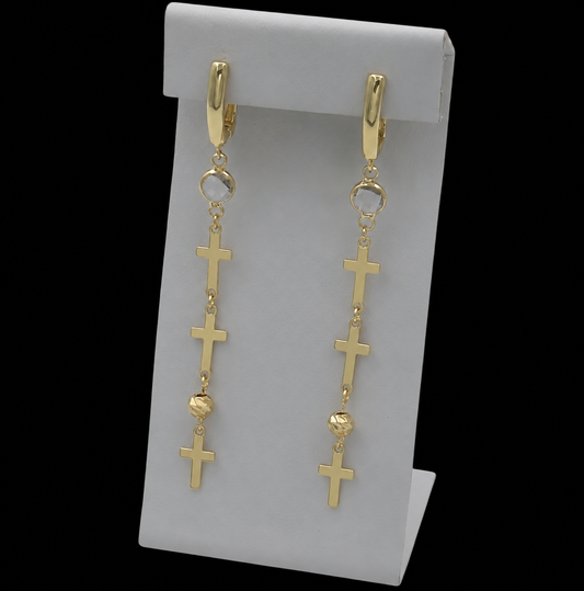 Cercei Long Triple Cross Placati cu Aur 18K