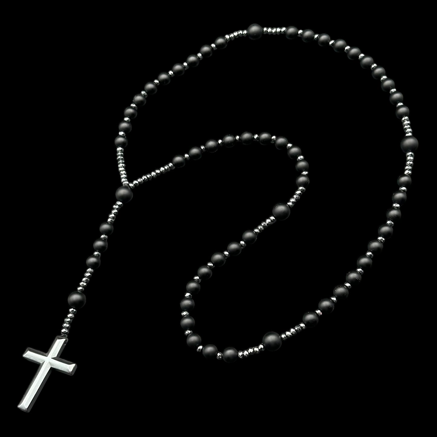 Colier Rosary Obsidian Cross