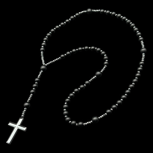 Colier Rosary Obsidian Cross