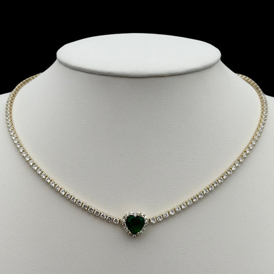 Colier Tennis Heart Green Placat cu Aur 18K