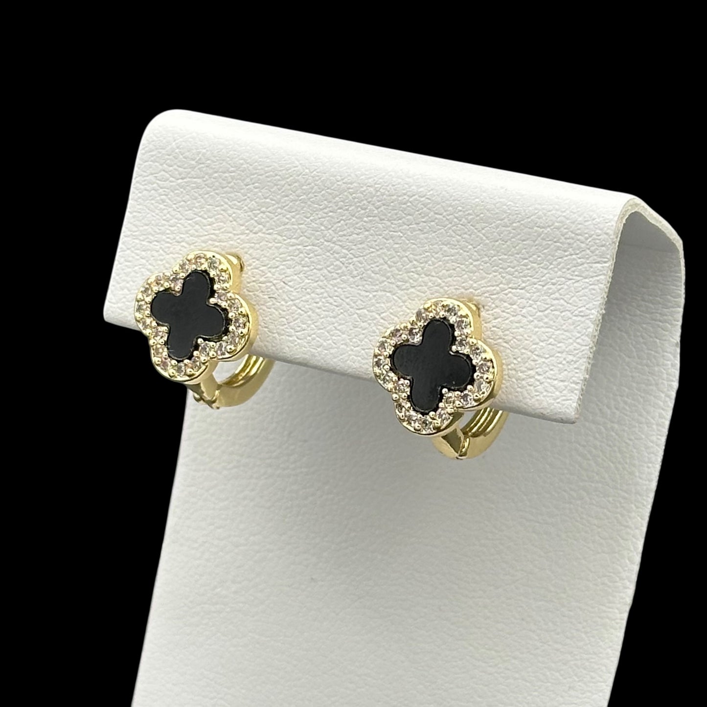 Cercei Mini Trifoi Negru Placați cu Aur 18K