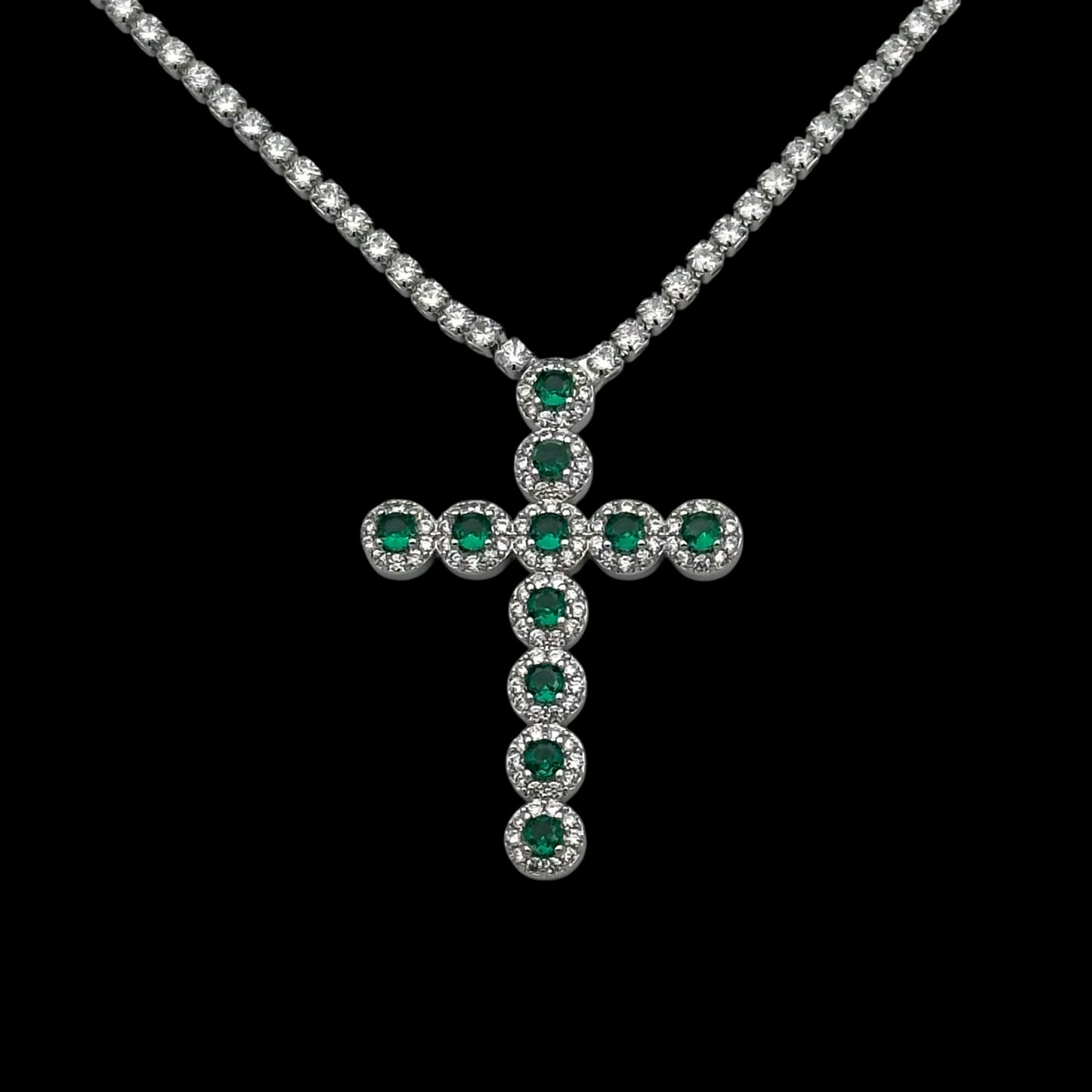 Colier Tennis Angely Cross Green Placat cu Aur Alb