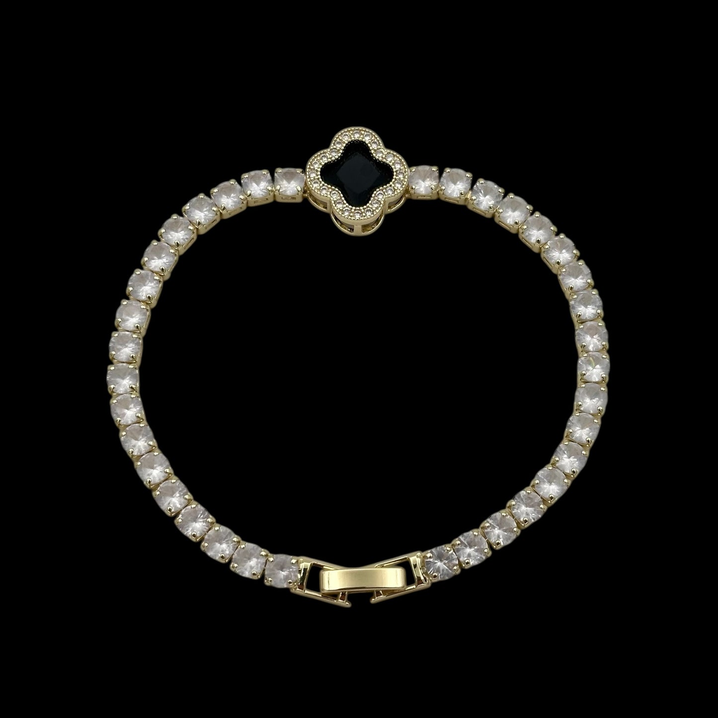 Brățară Tennis Trifoi Black Placată cu Aur 18K