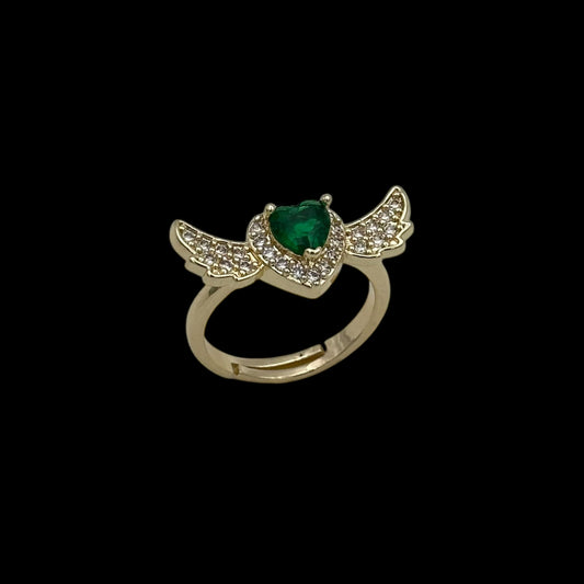 Inel reglabil Angel Wings Green Placat cu Aur 18K