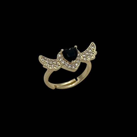 Inel reglabil Angel Wings Black Placat cu Aur 18K