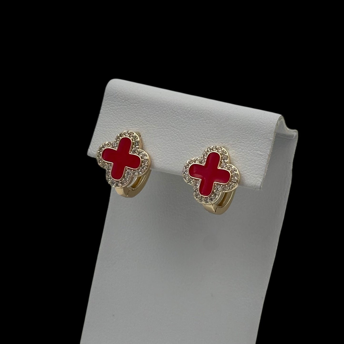 Cercei Mini Trifoi Rosu Placați cu Aur 18K