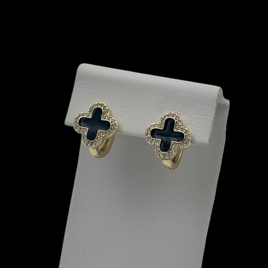 Cercei Mini Trifoi Negru Placați cu Aur 18K